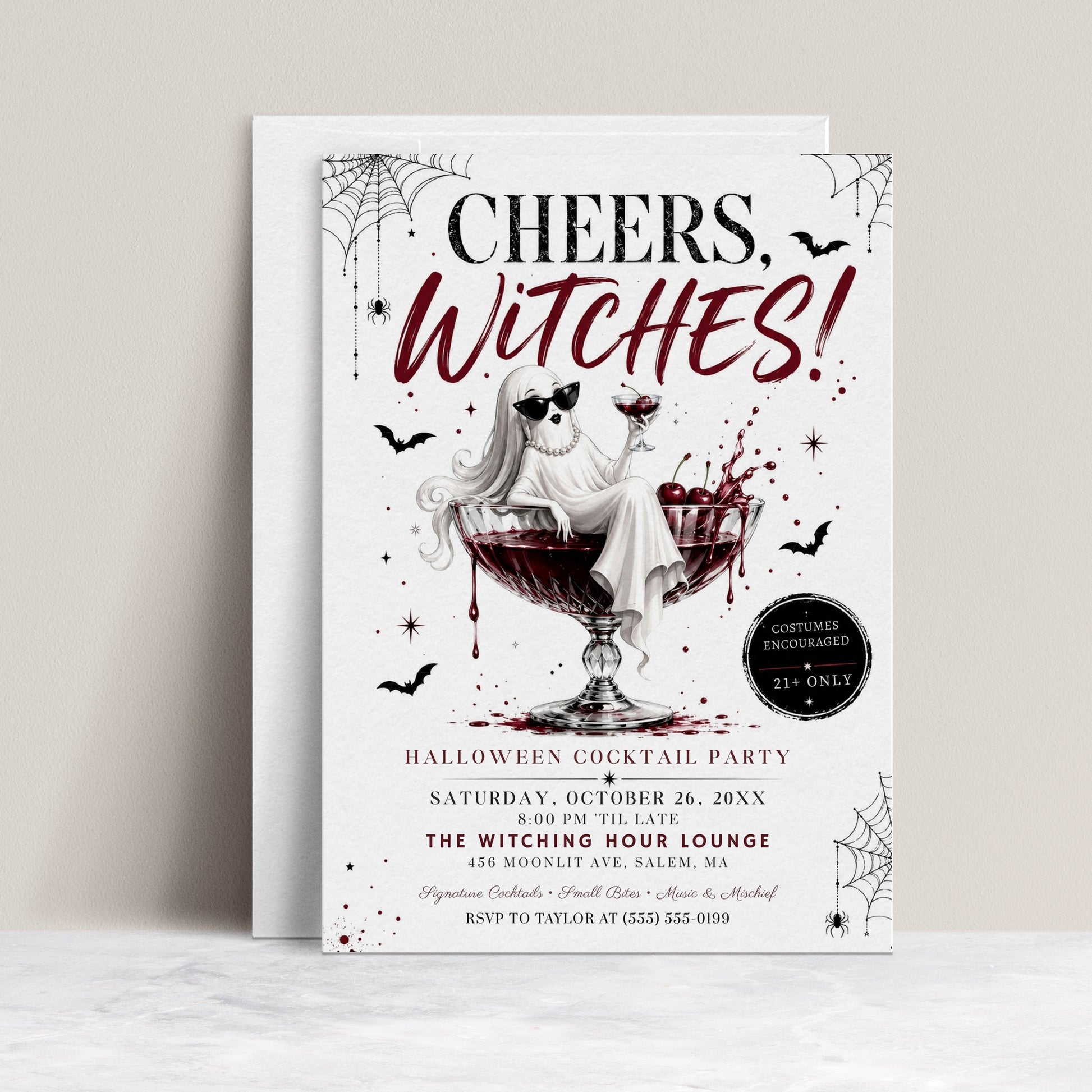 Cheers Witches Halloween party invitation with glamorous ghost in coupe glass, dark red cocktail, cherries, bats, spiderwebs, and adult Halloween party details