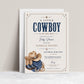 Editable Western cowboy baby shower invitation Canva template with illustrated cowboy hat, denim boots, horseshoe, bandana, lasso rope, and bold navy distressed typography on a warm cream background with Western border