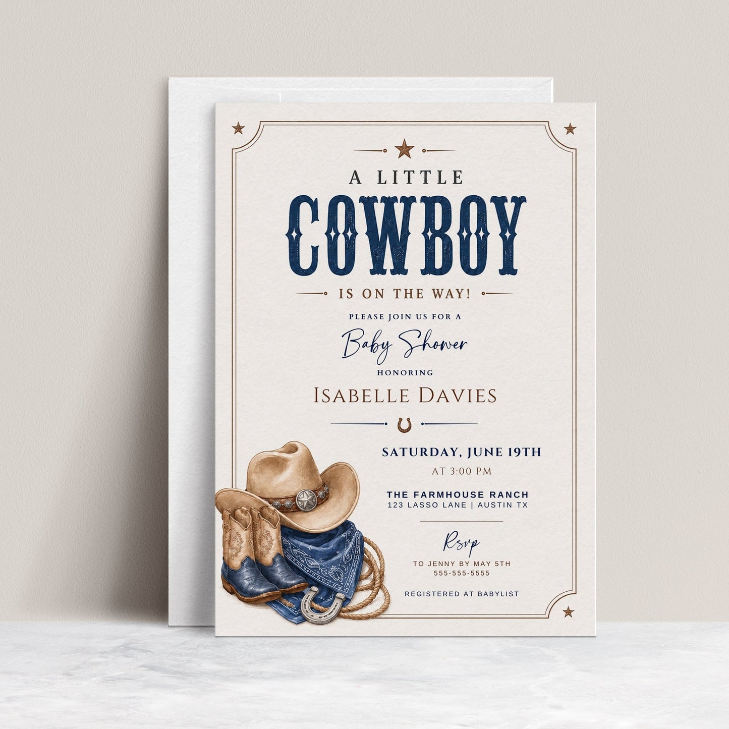 Editable Western cowboy baby shower invitation Canva template with illustrated cowboy hat, denim boots, horseshoe, bandana, lasso rope, and bold navy distressed typography on a warm cream background with Western border
