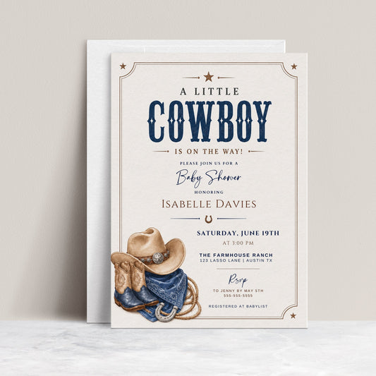 Editable Western cowboy baby shower invitation Canva template with illustrated cowboy hat, denim boots, horseshoe, bandana, lasso rope, and bold navy distressed typography on a warm cream background with Western border