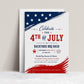 Editable 4th of July backyard BBQ bash invitation Canva template with navy and red brushstroke flag elements, distressed red display lettering, BBQ grill icon, fireworks graphic, and flowing script on a white background
