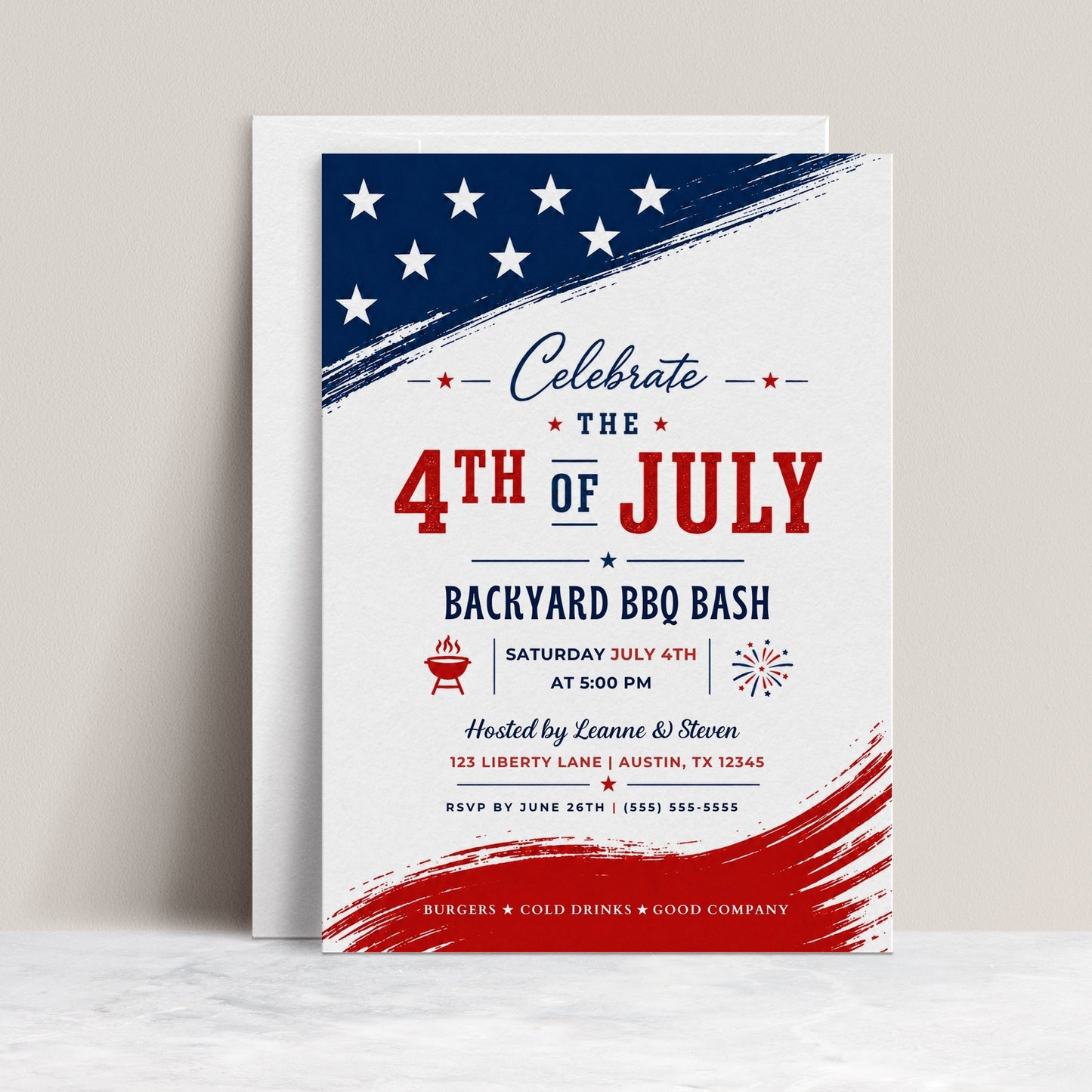 Editable 4th of July backyard BBQ bash invitation Canva template with navy and red brushstroke flag elements, distressed red display lettering, BBQ grill icon, fireworks graphic, and flowing script on a white background