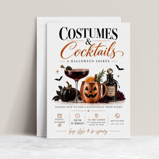 Costumes and Cocktails Halloween invitation with dark cocktail coupe, copper pumpkin mug, black pumpkin, witch’s elixir bottle, bats, and elegant adult Halloween party details