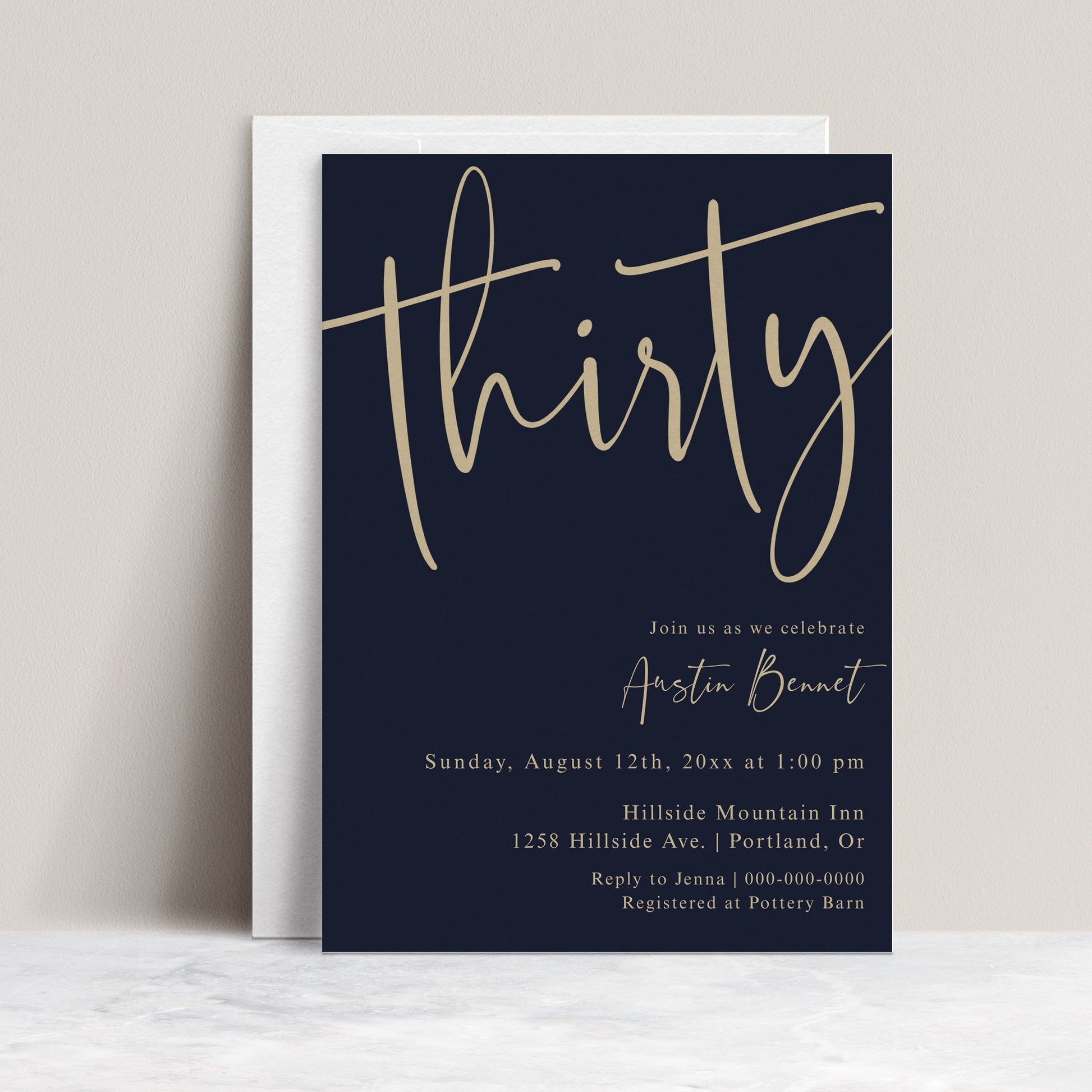 30th birthday invitation template with oversized gold calligraphy script on rich navy blue background, editable in Canva
