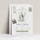 Grand adventure elephant baby shower invitation with baby elephant sketch, vintage binoculars, specimen tag, safari postage stamp, map details, and compass accents