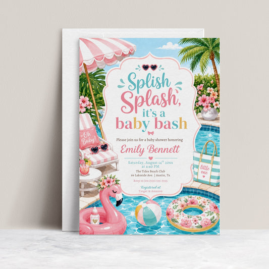 Pool party baby shower invitation with a flamingo float, beach ball, and pink umbrella in pink and aqua