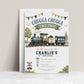 Chugga Chugga Two Two second birthday invitation featuring a navy and sage steam train, railroad crossing sign, trees and bunting.
