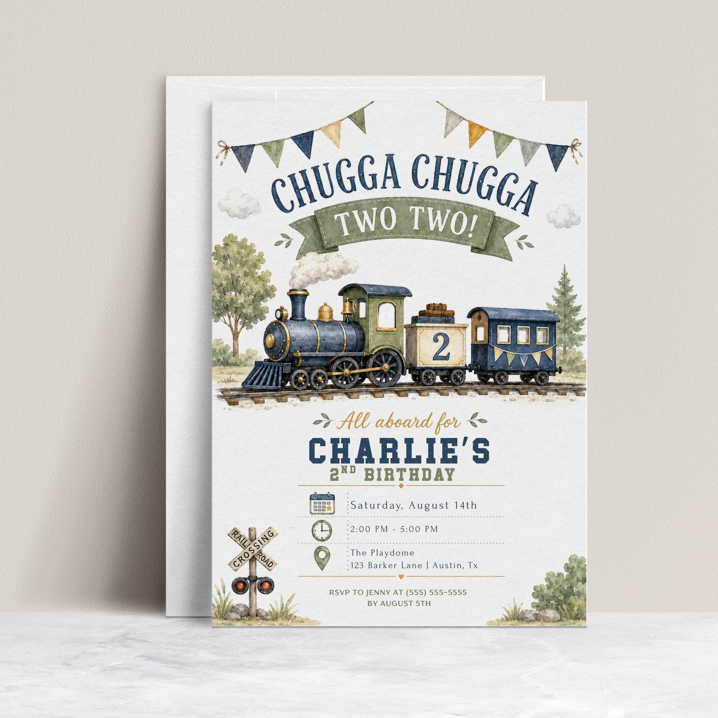Chugga Chugga Two Two second birthday invitation featuring a navy and sage steam train, railroad crossing sign, trees and bunting.
