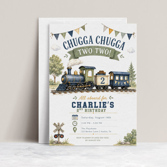 Chugga Chugga Two Two second birthday invitation featuring a navy and sage steam train, railroad crossing sign, trees and bunting.
