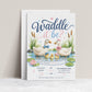 Waddle it be gender reveal invitation with watercolor ducks, baby ducklings, pink and blue bows, pond water, cattails, lily pads, hearts, and pastel details
