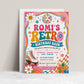 Retro birthday invitation with roller skate, disco ball, smiley flowers, checkerboard accents, colorful waves, stars, and bright pink teal orange party details