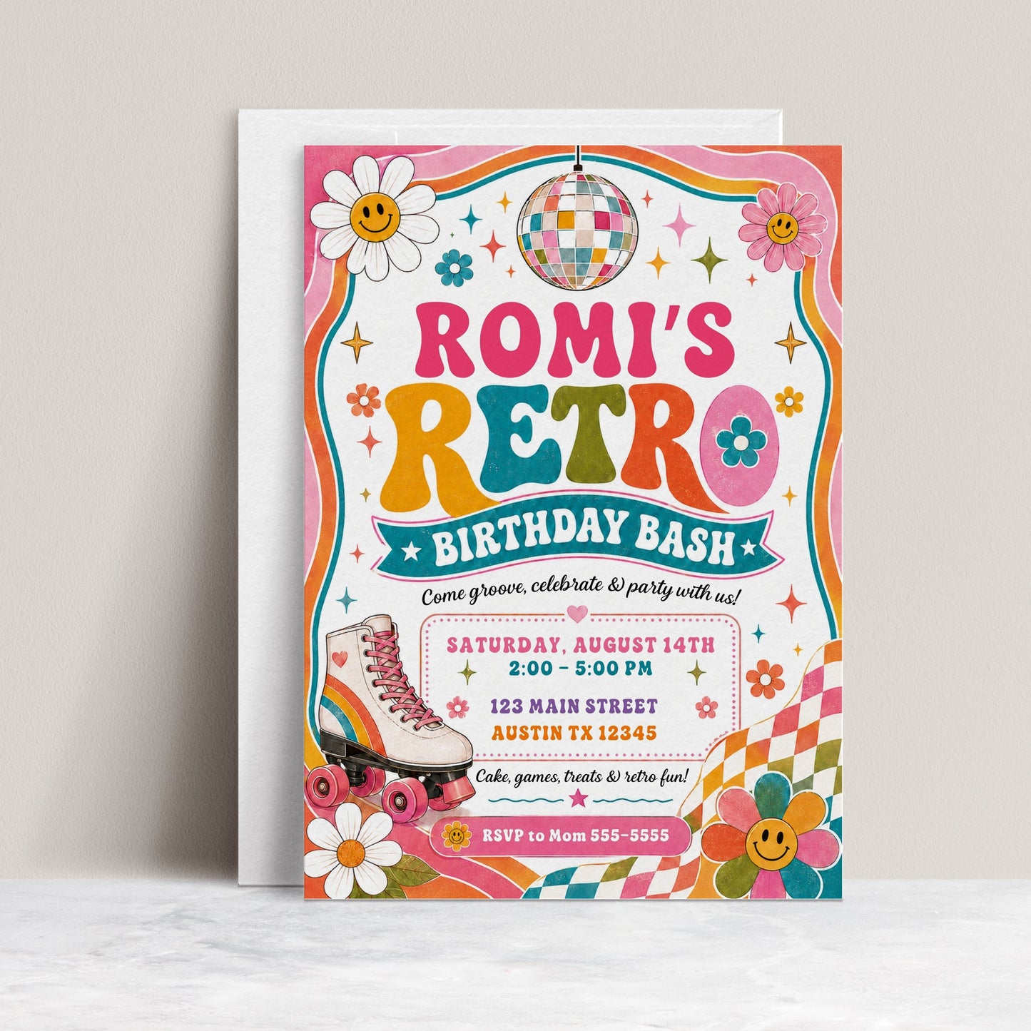 Retro birthday invitation with roller skate, disco ball, smiley flowers, checkerboard accents, colorful waves, stars, and bright pink teal orange party details