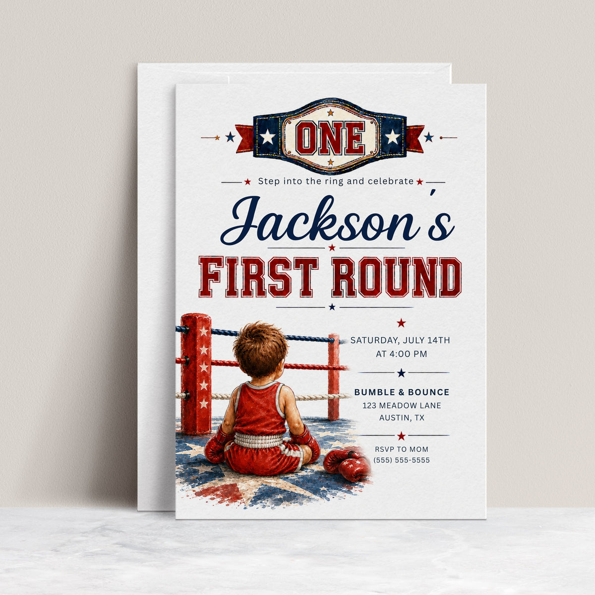 First Round first birthday invitation with championship belt, boxing ring ropes, red and blue stars, and little boxer artwork for a boxing birthday party