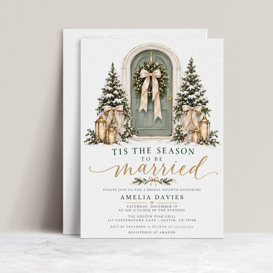Winter bridal shower invitation featuring a sage green door, Christmas wreath, ivory bows, and Tis the Season to Be Married text