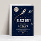 Rocket ship birthday party invitation with a rocket, moon, and planet on a navy and gold space background