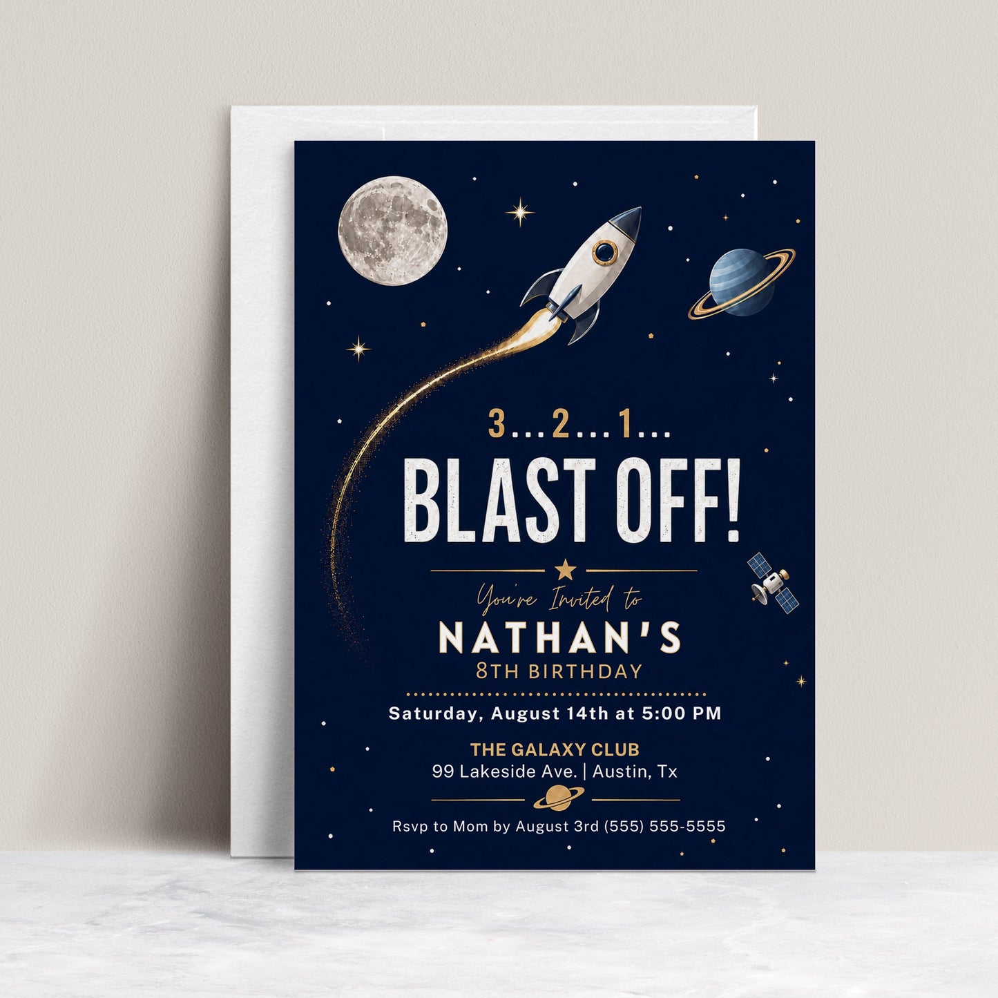 Rocket ship birthday party invitation with a rocket, moon, and planet on a navy and gold space background