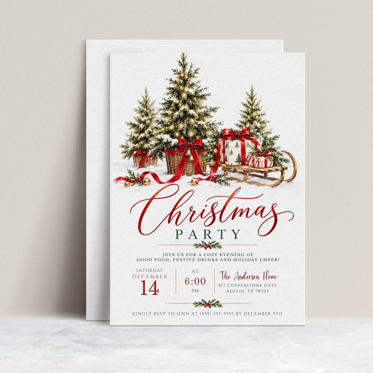 Christmas party invitation with three snow-dusted evergreen trees in wicker baskets, glowing string lights, red bows, gold bells, and a wooden sled carrying wrapped gifts
