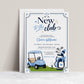 Editable new to the club golf baby shower invitation Canva template with blue golf cart, navy golf bag with bow, crossed clubs, corner pennants, and navy and sky blue typography on a white background