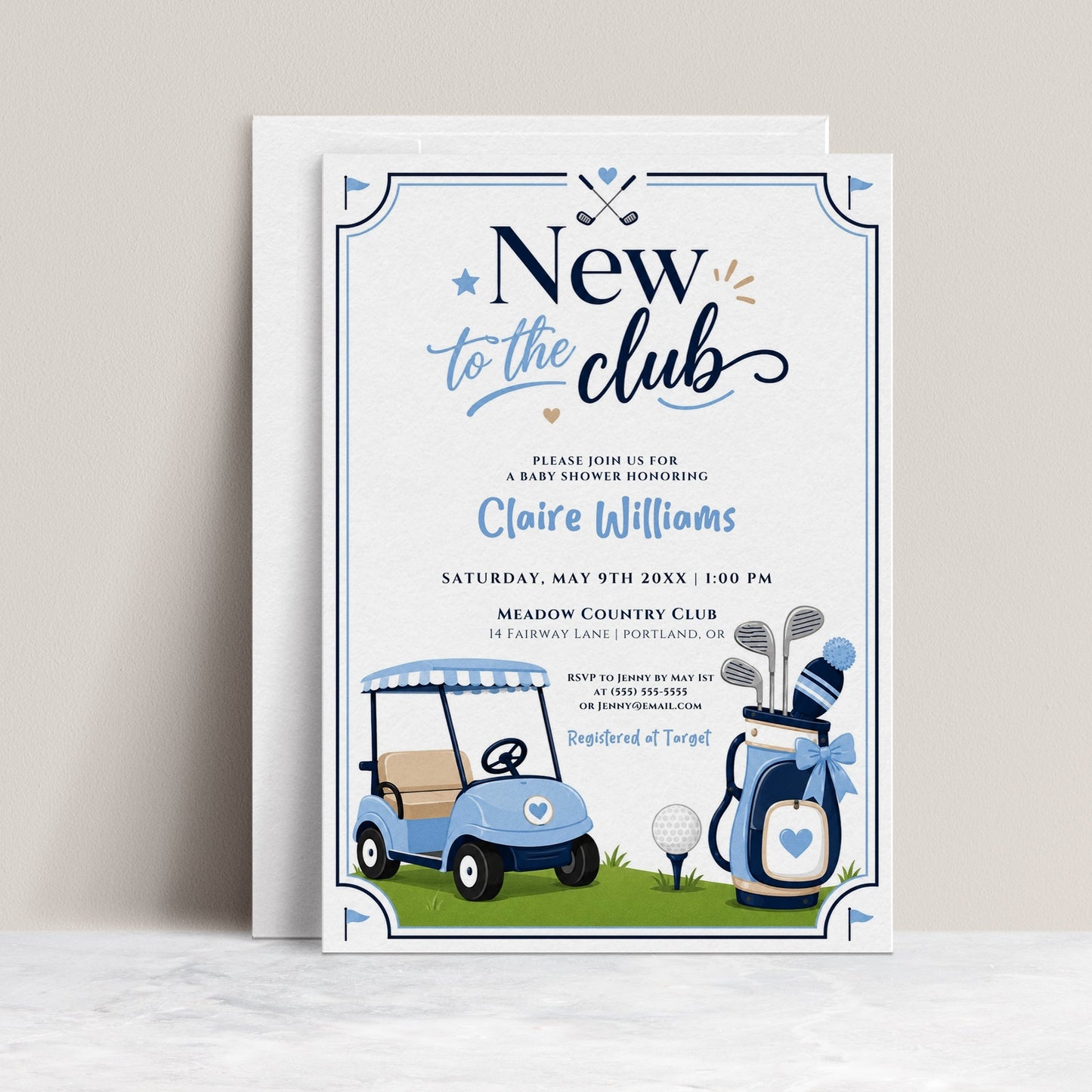 Editable new to the club golf baby shower invitation Canva template with blue golf cart, navy golf bag with bow, crossed clubs, corner pennants, and navy and sky blue typography on a white background