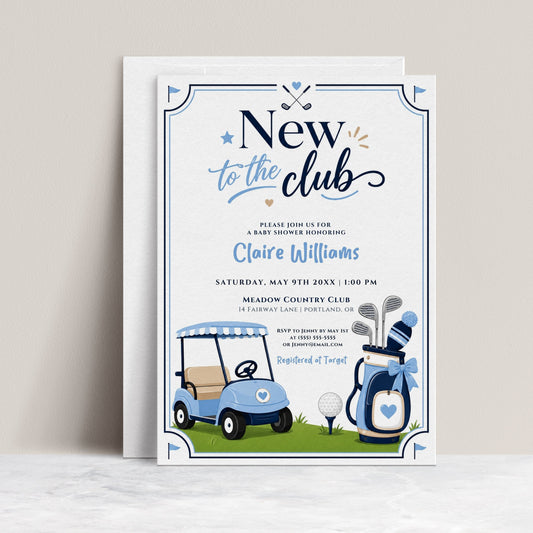 Editable new to the club golf baby shower invitation Canva template with blue golf cart, navy golf bag with bow, crossed clubs, corner pennants, and navy and sky blue typography on a white background