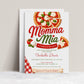 Editable momma mia pizza baby shower invitation Canva template with Italian pizzeria aesthetic, bold red and green script typography, pizza illustration, and red gingham accent on a white background