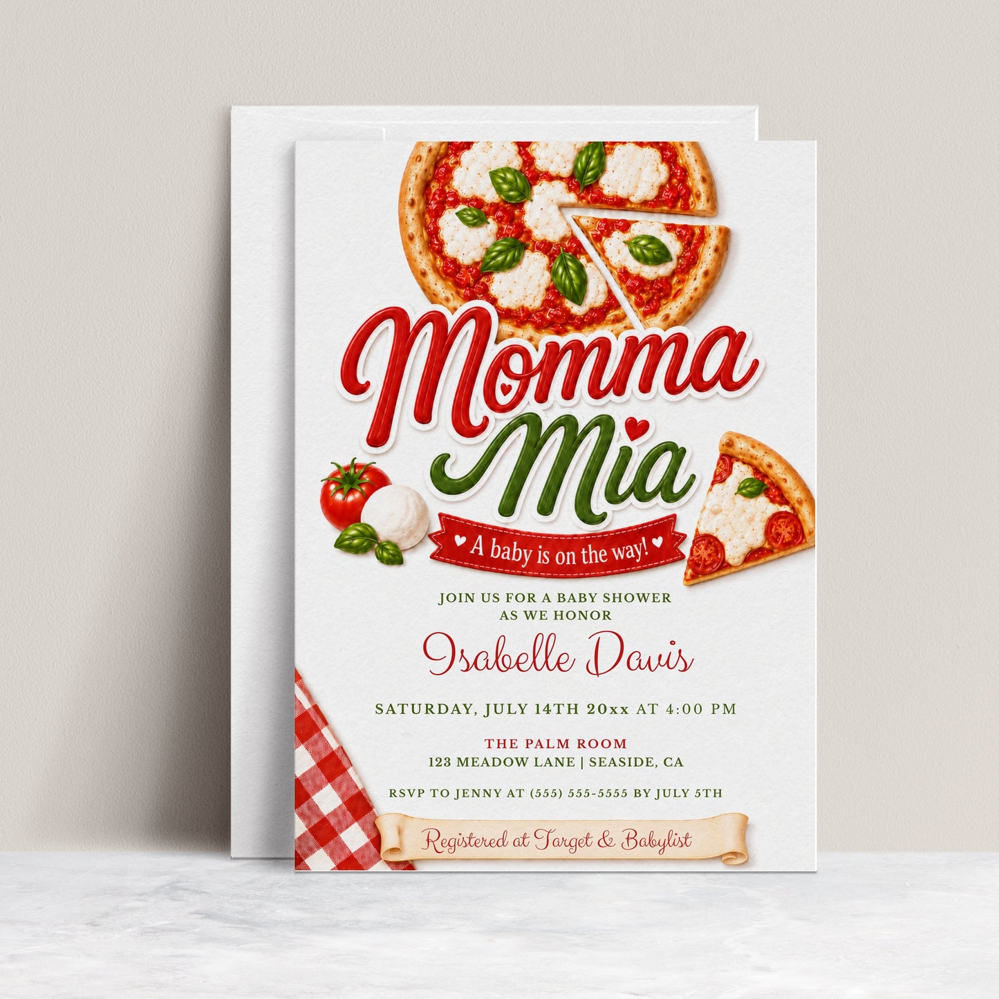Editable momma mia pizza baby shower invitation Canva template with Italian pizzeria aesthetic, bold red and green script typography, pizza illustration, and red gingham accent on a white background