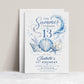 The summer I turned 13 birthday invitation with blue watercolor waves, seashells, starfish, sand dollar, coral, bubbles, and elegant beach details