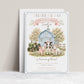 Our little farmer girl birthday invitation with a blue barn, green tractor, calf, piglet, and lamb in pink bows in soft pink and blue
