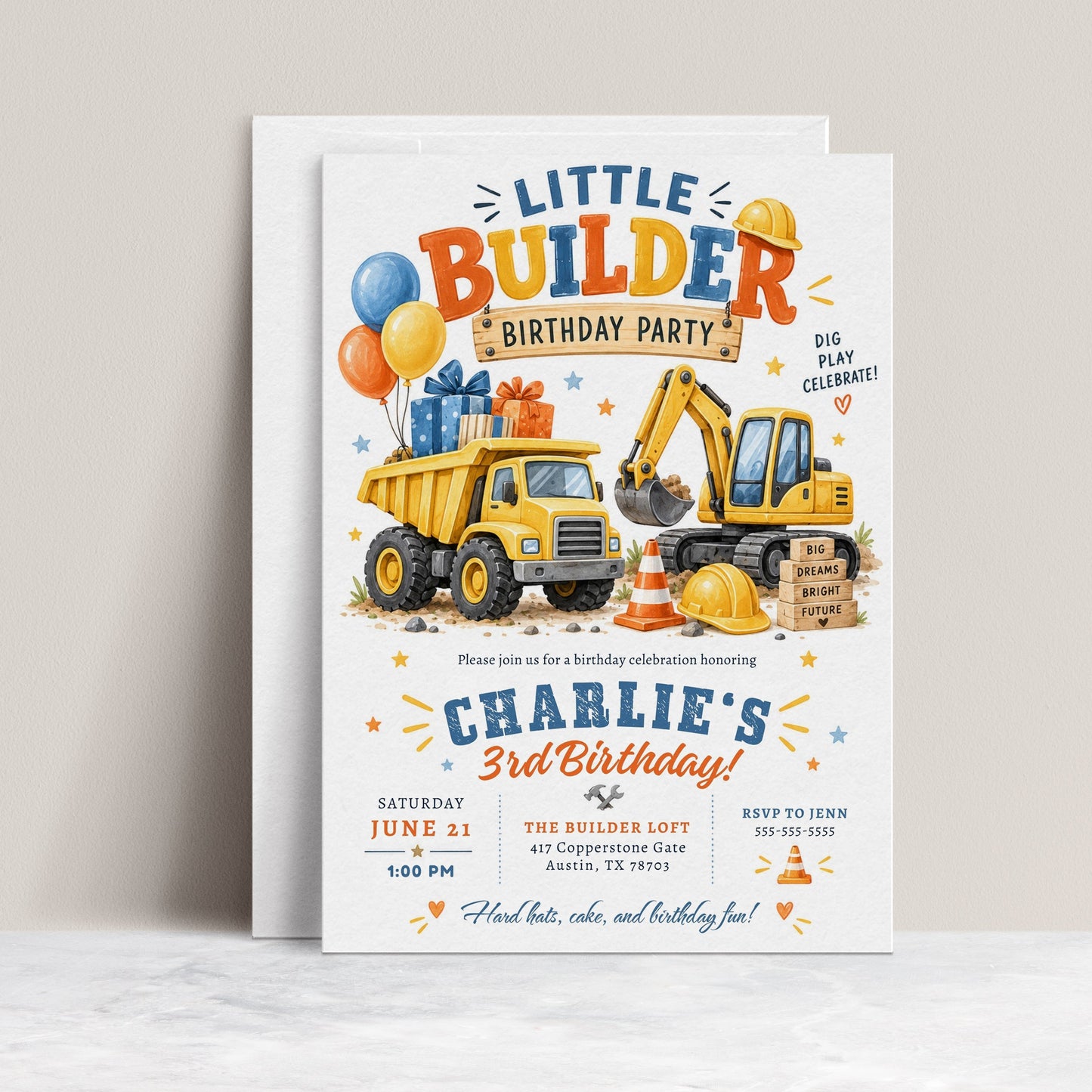 Construction birthday invitation with dump truck, excavator, hard hats, traffic cone, balloons, gifts, and colorful little builder third birthday party details