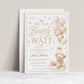 We can bearly wait girl baby shower invitation with a teddy bear and balloons in blush pink, cream, and gold
