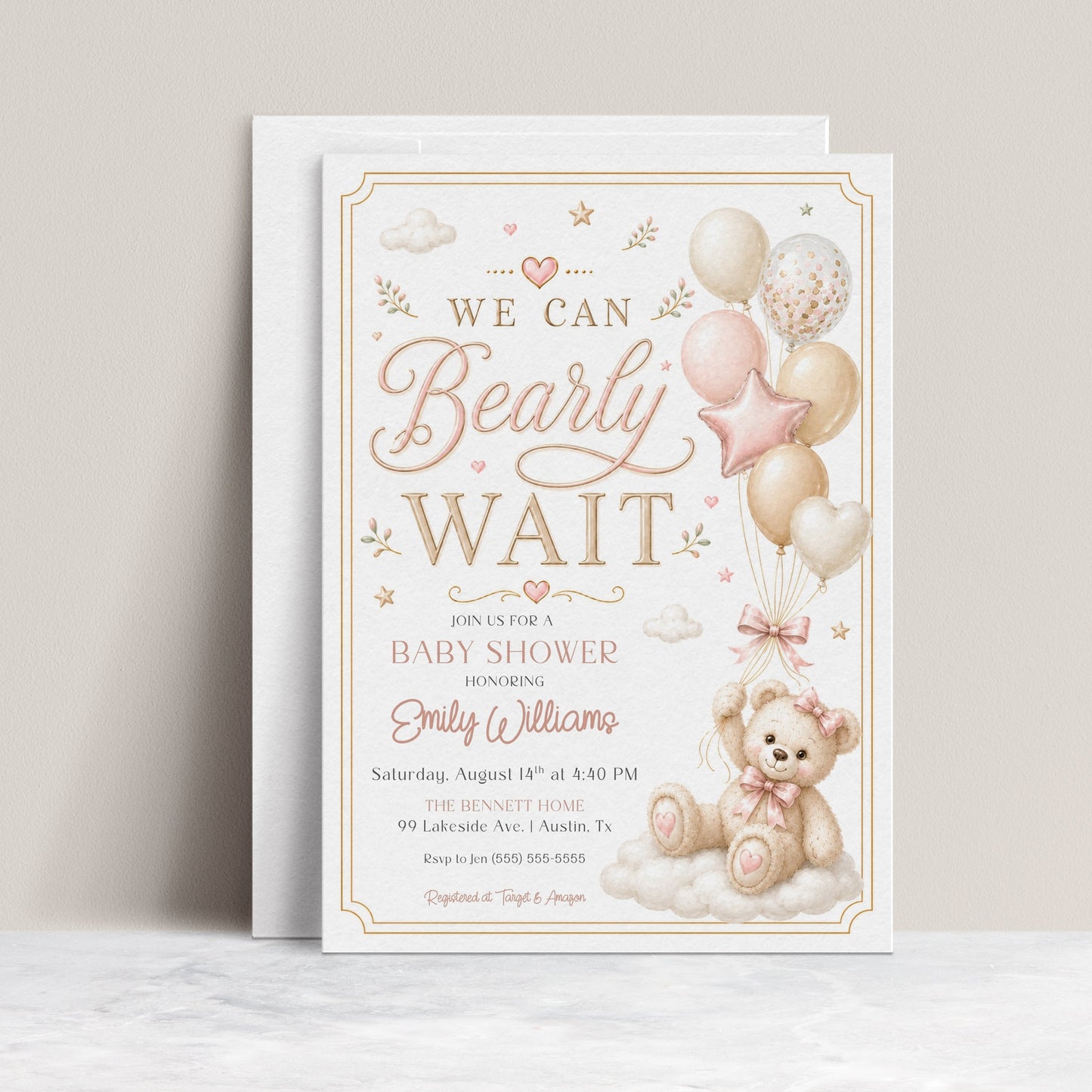 We can bearly wait girl baby shower invitation with a teddy bear and balloons in blush pink, cream, and gold