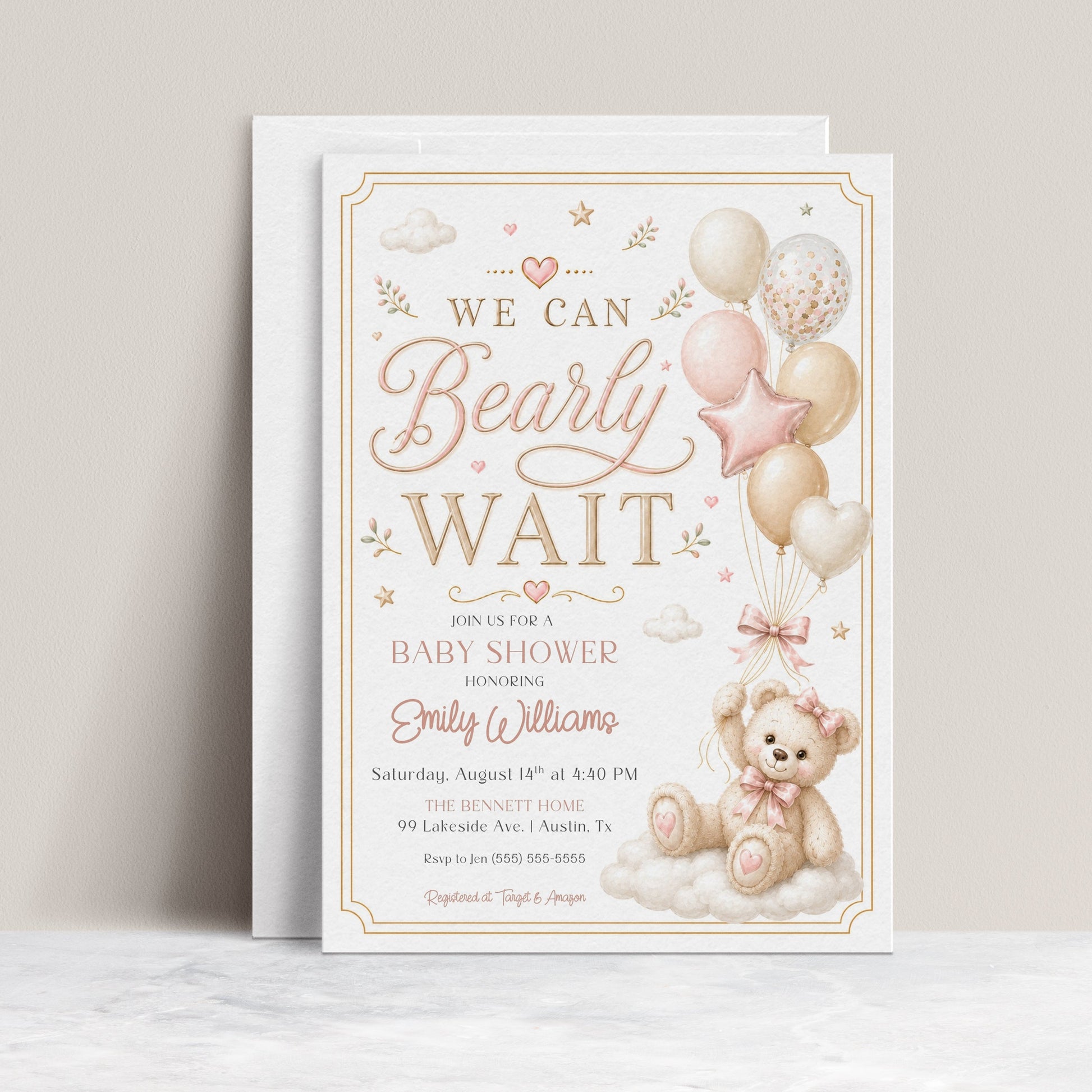 We can bearly wait girl baby shower invitation with a teddy bear and balloons in blush pink, cream, and gold