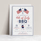Editable Fourth of July party invitation Canva template with crossed American flags, BBQ grill icon, star accents, and red script and navy bold typography on a white background