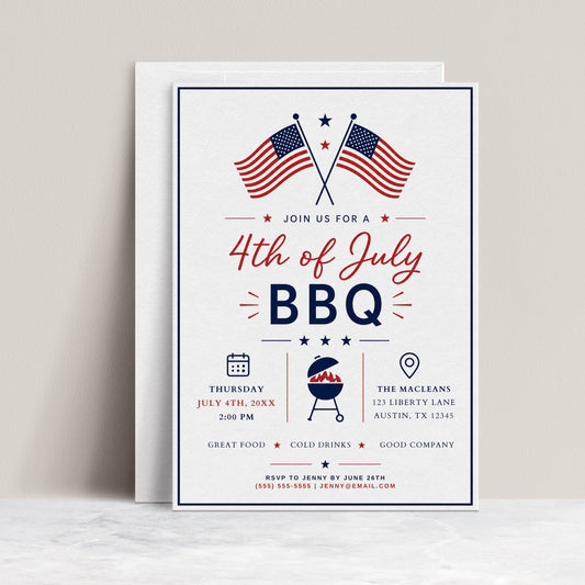 Editable Fourth of July party invitation Canva template with crossed American flags, BBQ grill icon, star accents, and red script and navy bold typography on a white background