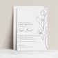 Minimalist pencil sketch floral baby brunch invitation template with hand-drawn botanical rose stem in graphite on white background, editable in Canva