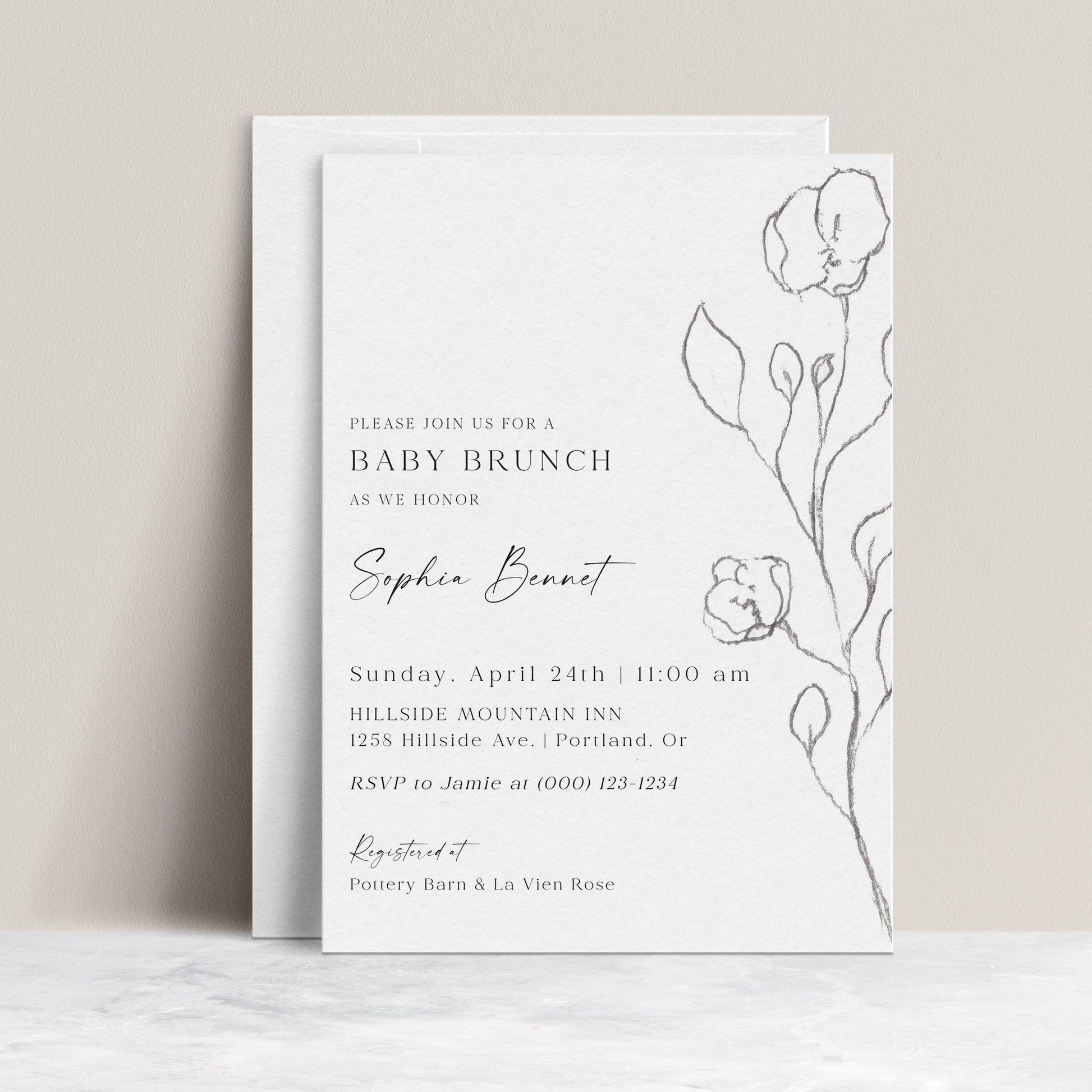 Minimalist pencil sketch floral baby brunch invitation template with hand-drawn botanical rose stem in graphite on white background, editable in Canva