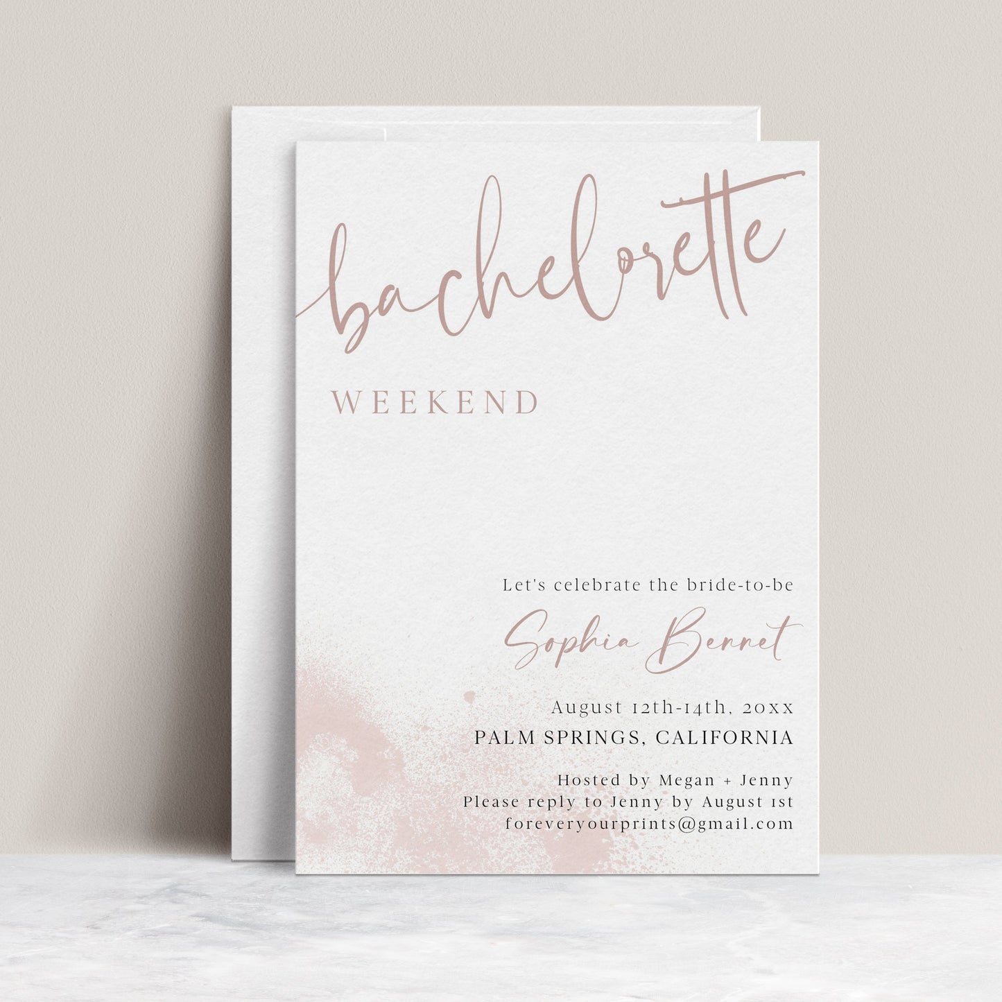 Latte toned bachelorette weekend invitation and itinerary set template with dusty rose calligraphy script and watercolor wash, editable in Canva