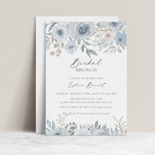 Dusty blue and cream floral bridal brunch invitation template with watercolor roses and botanicals in muted blue and sage, editable in Canva