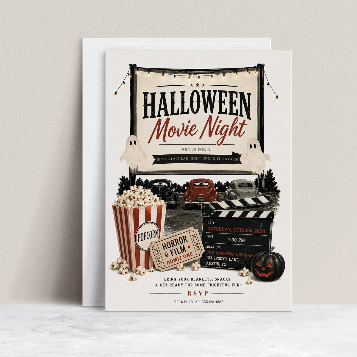 Halloween movie night invitation with vintage drive-in theater, classic cars, popcorn, horror film ticket, clapperboard, ghosts, and black jack-o-lantern