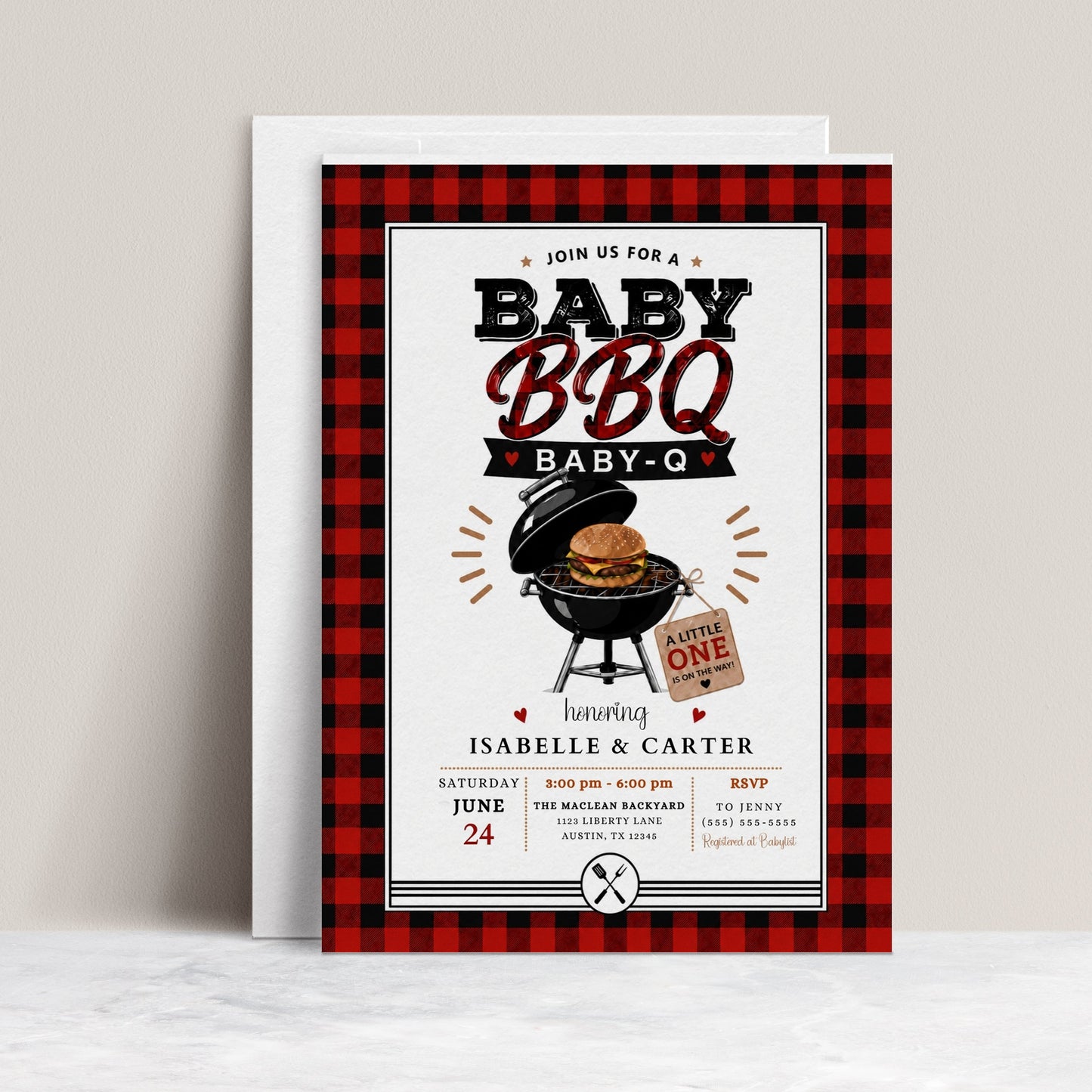 Buffalo plaid BBQ baby shower invitation with a grill and burger in red, black, and white