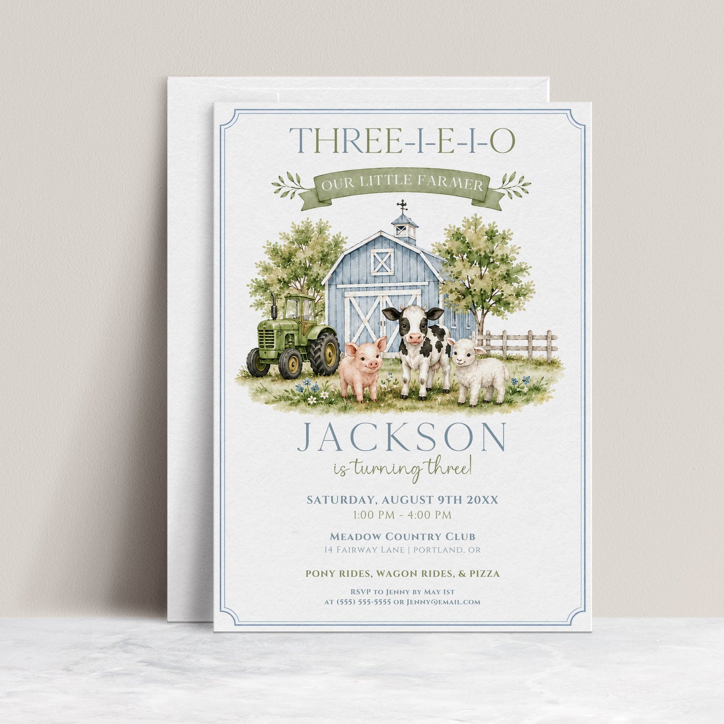 Our little farmer birthday invitation with a blue barn, green tractor, cow, pig, and lamb in soft blue and green