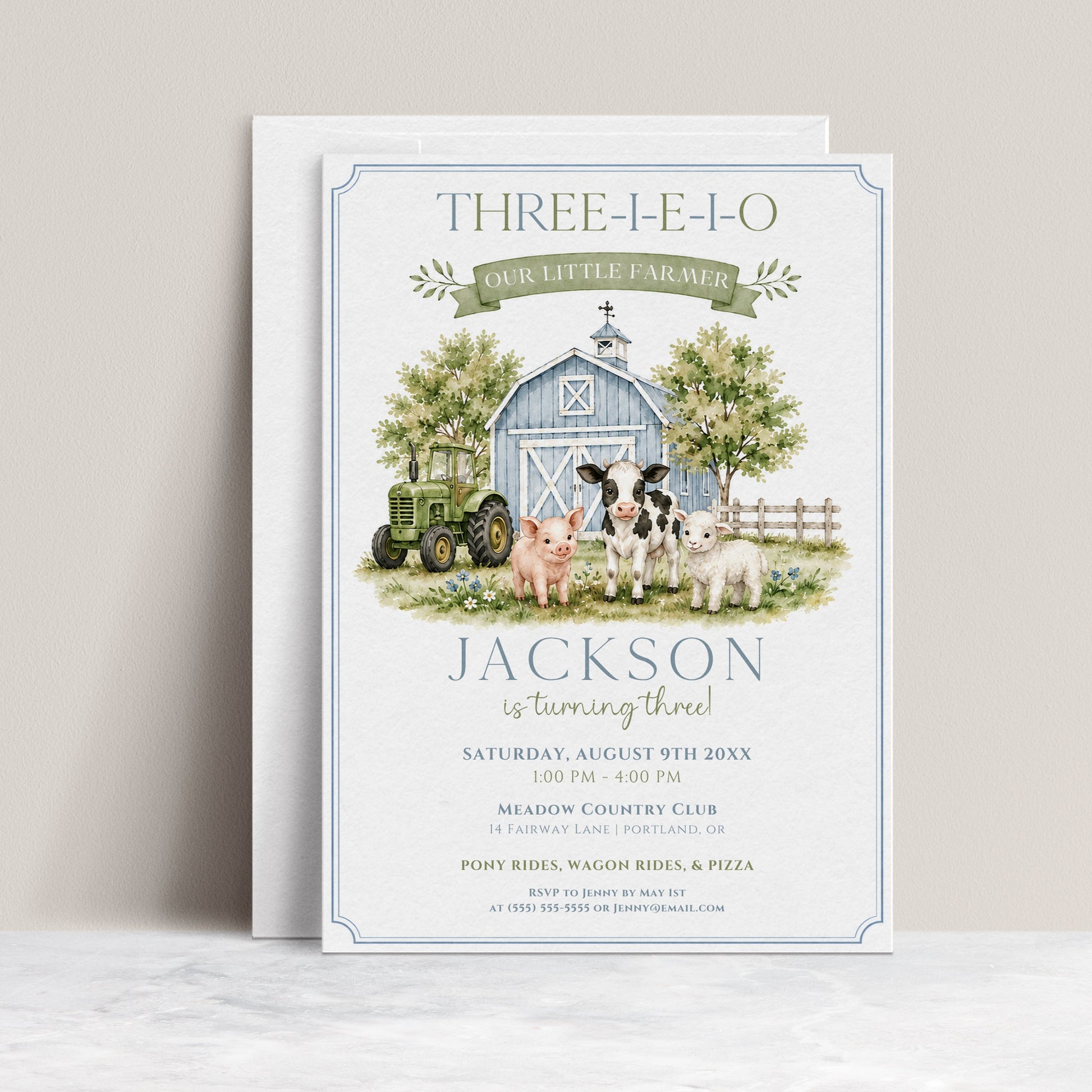 Our little farmer birthday invitation with a blue barn, green tractor, cow, pig, and lamb in soft blue and green