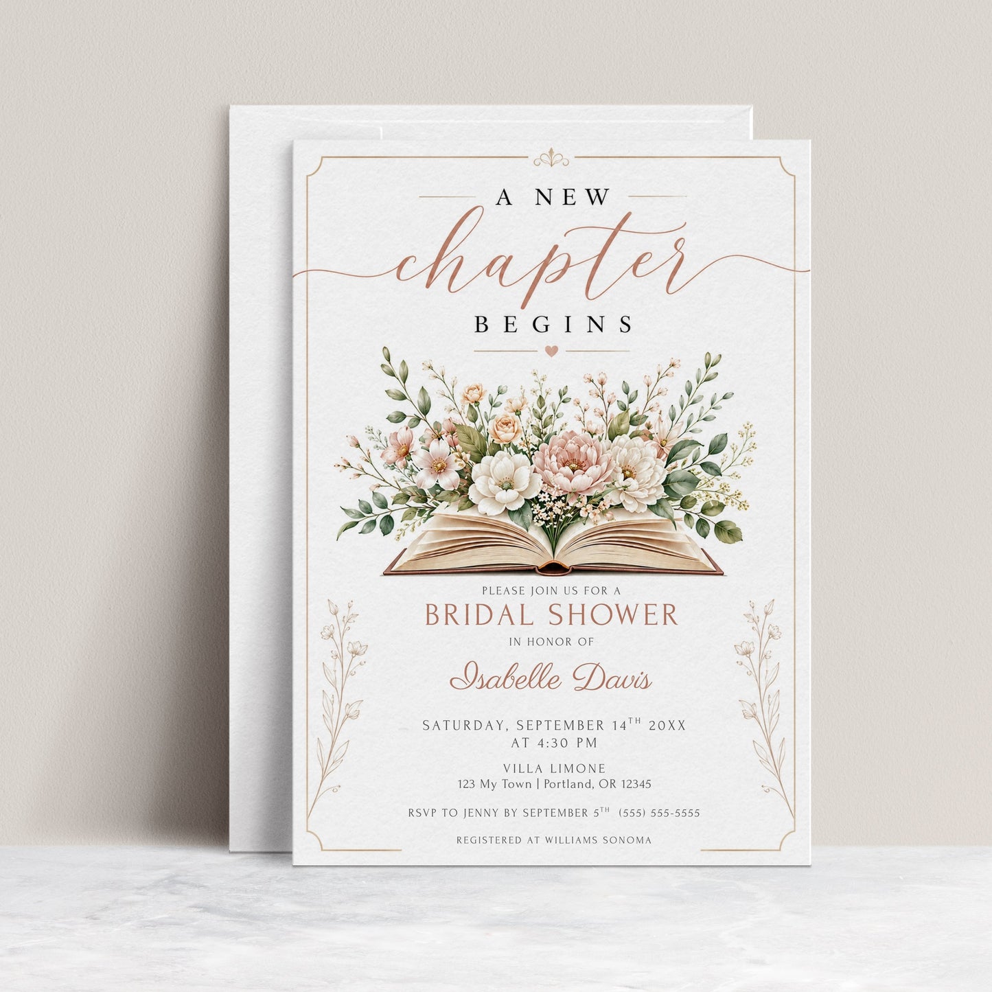 A New Chapter bridal shower invitation featuring an open book surrounded by blush pink and terracotta florals with green foliage.
