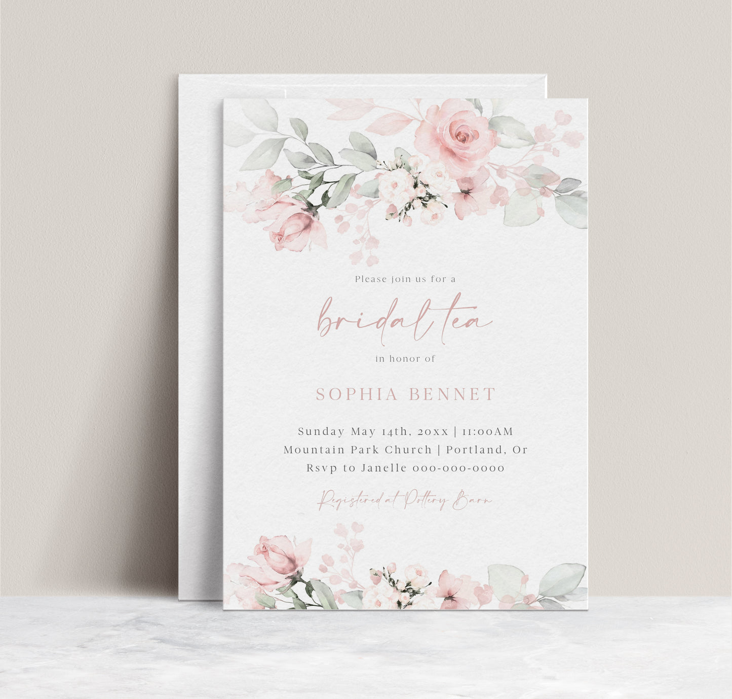 Blush pink and sage green watercolor floral bridal tea invitation template with roses and greenery, editable in Canva