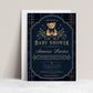 Teddy bear baby shower invitation with a brown bear wearing a navy bow, blue plaid border, gold lettering, stars, and greenery on a dark navy background