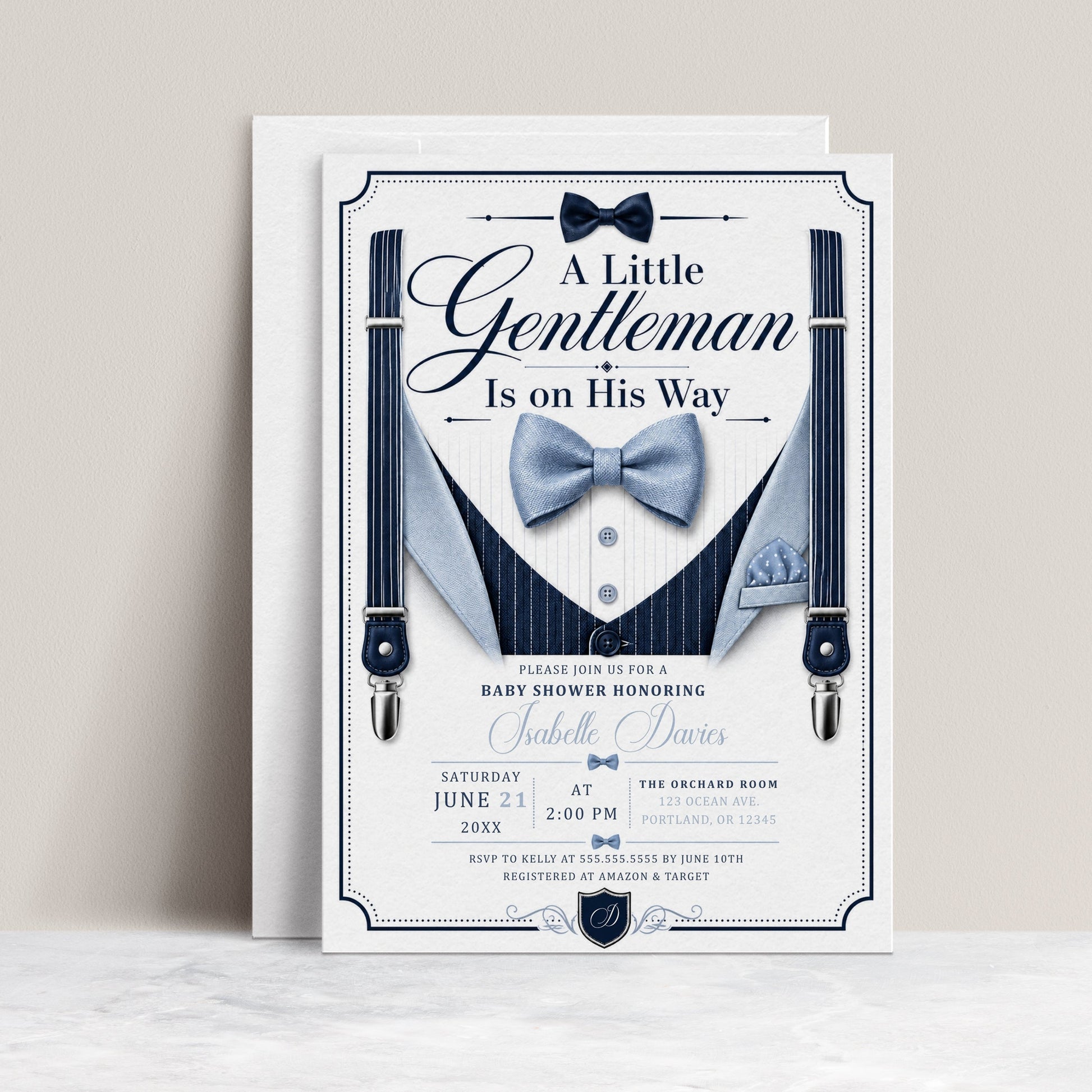 Little gentleman baby shower invitation with navy suspenders, blue bow tie, pinstripe vest, pocket square, buttons, and elegant baby boy shower details