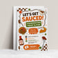 Thanksgiving party invitation with Let’s Get Sauced headline, cartoon turkey, pumpkin pie, gravy boat, sauce bottle, and orange and green fall details