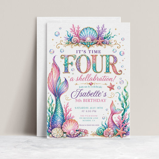 Mermaid birthday invitation with colorful mermaid tails, seashells, pearls, coral, starfish, bubbles, seaweed, gold accents, and under the sea details