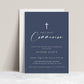 Navy blue boy first holy communion invitation template with white cross and elegant calligraphy script, editable in Canva