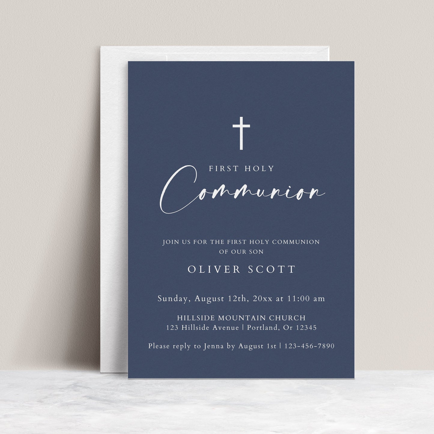 Navy blue boy first holy communion invitation template with white cross and elegant calligraphy script, editable in Canva